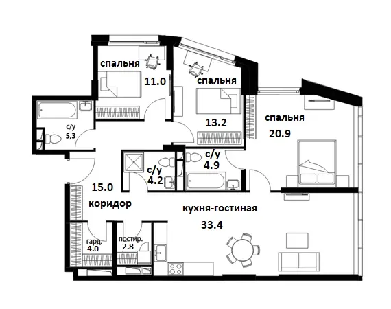 Планировка 3 комнатной квартиры ЖК Символ