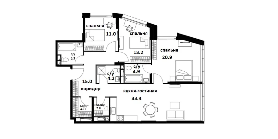 Планировка 3 комнатной квартиры ЖК Символ